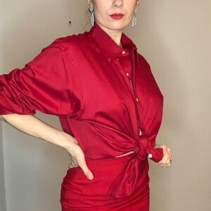 Cherry Red iZod button up shirt, Large Mens Blouse, 90s-00s Glam, Boyfriend Fit